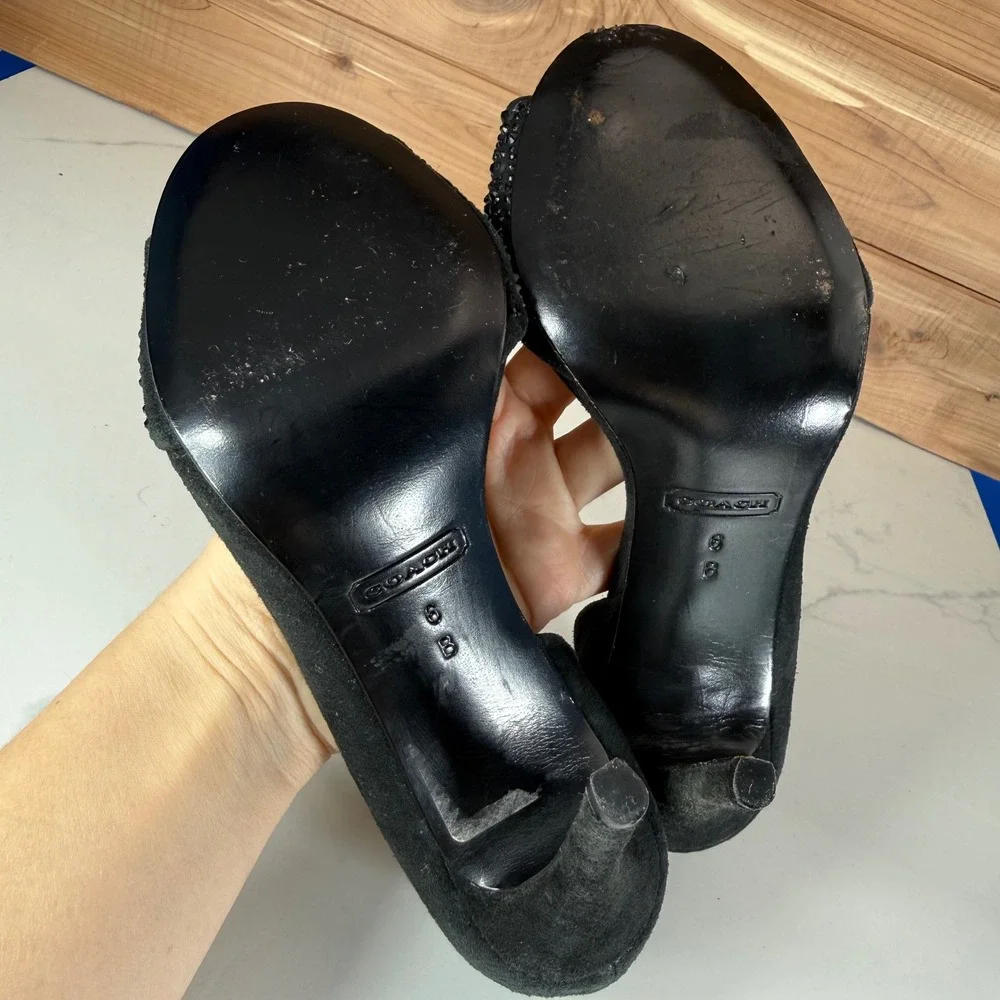 Coach Black Suede Rhinestone Peep Toe Pumps d'Orsay Stiletto Heels‎ Womens 6B